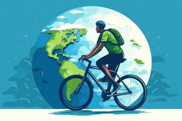 Color illustration of World Car free Day. A cyclist against the backdrop of the planet.
