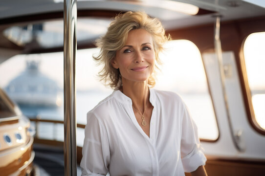 AI generated image of mature senior woman on yacht
