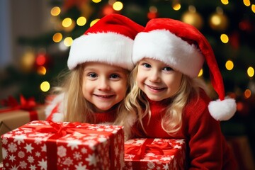 Fototapeta na wymiar kids in santa claus hats with a christmas presents