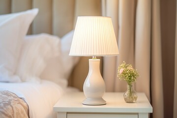 A lamp stands on the bedside table by the bed. Soft beige colors. Modern design Generative AI