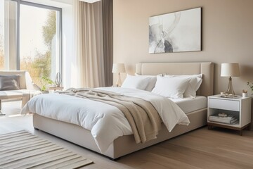 bedroom interior with a large comfortable bed. Modern style. Front view. Generative AI