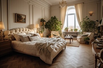 bedroom interior with a large comfortable bed. Traditional style.  Generative AI