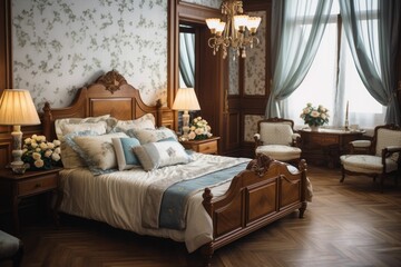 bedroom interior with a large comfortable bed. Traditional style.  Generative AI