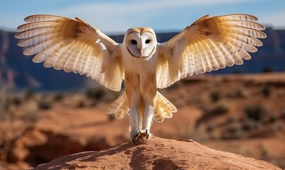 A majestic owl spreading its wings on a rocky perch
