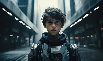 A young boy in a futuristic suit standing in a hallway - obrazy, fototapety, plakaty