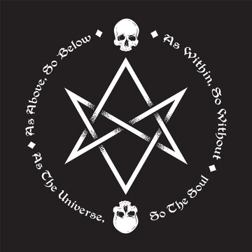 Unicursal hexagram six-pointed star and skulls hand drawn isolated vector illustration. Inscription is a maxim in hermeticism and sacred geometry. As above, so below