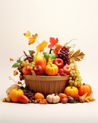 Fototapeta na wymiar A Cornucopia of Fall Fruits and Vegetables Surrounded by Orange and Red Autumn Leaves. Halloween art