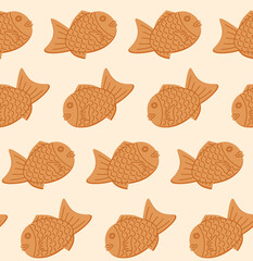 Taiyaki seamless pattern. Japanese fish-shaped cake with filling from bean paste. Traditional dessert. Asian sweet food. Vector illustration. 