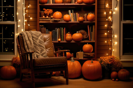A shot of a rocking chair in front of a bookshelf illuminated by autumnthemed string lights and decorated with a few gourds and squash.. Halloween art