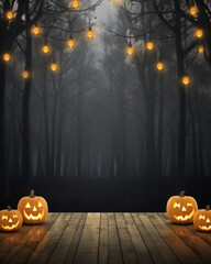 A foggy autumn night lit by bright orange and yellow jackolanterns. Halloween art