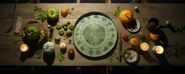 An open field with a full moon a wooden table and a circle of tarot cards in the center with a menacing pumpkin in the center carved. Halloween art - Powered by Adobe