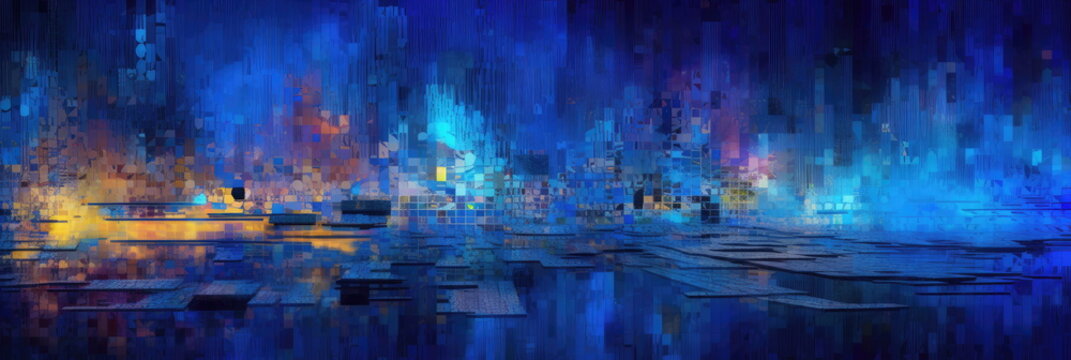 Abstract colorful background. Cityscape, IoT, Dx transformation, and digital horizon. Diverse entities represented by colors, unified by digital and AI technology. Generative AI based.