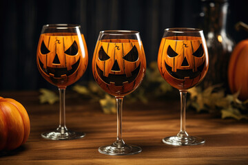 Unsettling Wine Glasses Painted with Sinister Pumpkin Faces. Halloween art