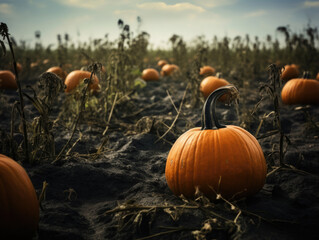 An orange and black pumpkin field surrounded by spider webs and dangling cobwebs. Halloween art