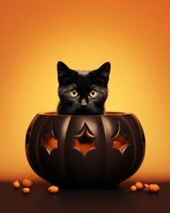 Black Cat Peering into a Haunted Pumpkin Bowl. Halloween art