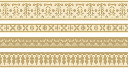 Vector set of seamless gold indian national ornament. Ethnic endless plant border. Flowers frame. Poppies and leaves..