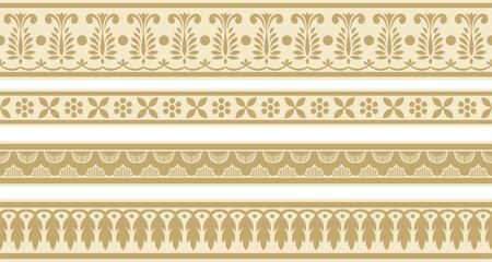 Vector set of seamless gold indian national ornament. Ethnic endless plant border. Flowers frame. Poppies and leaves..