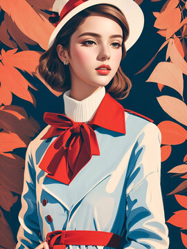 portrait of a beautiful vintage woman with short hair in autumn style mode, wearing hat and red lipstick