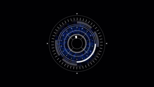 10 sec Appear Circle HUD Eye. PNG Alpha.Eye Seamless digital technological HUD UI template. Robotics concept. Human, robot eye. Sci Fi futuristic animation. AI