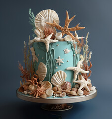 Sea cake for ocean birthday party. Sweet dessert food, decorated by underwater fishes, tropical shells, candy corals, starfishes - 633336011