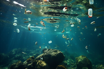 Fototapeta na wymiar Aerial perspective plastic and human waste threaten oceans delicate balance Generative AI