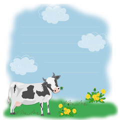 Invitation for a children's party, birthday or card with a cow on a meadow and dandelions and clouds in the background. Vector graphics