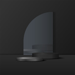 Fototapeta premium realistic 3D black and silver podium with mirror decoration in the background.