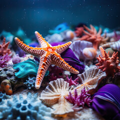 Sea beach background - starfish, shells, sand. Ocean coast, seashore with seashell. Summer travel, macro tropical shore texture 