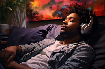 Obraz premium Young Man in Tranquil Enjoyment with Headphones