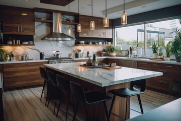 Fototapeta na wymiar Contemporary kitchen, large space, cozy Generative AI