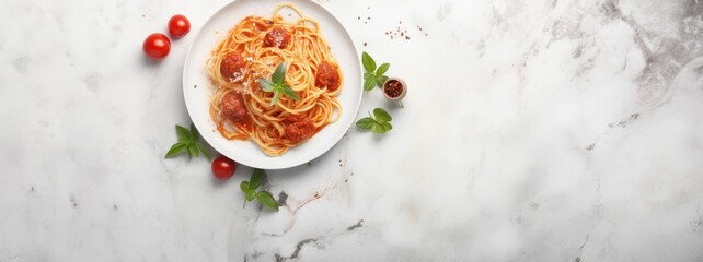 delicious appetizing classic spaghetti pasta with tomato sauce, parmesan. White Gold marble table. Generative AI