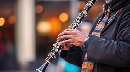 Fototapeta premium Detail of a street musician playing the clarinet. Close up. Generative AI