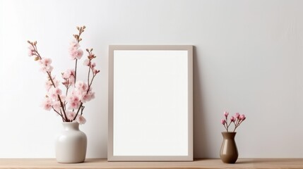 Frame poster mockup, scandinavian style interior with beatiful flowers in a vase and home decoration on empty neutral pastel color wall background. Generative AI