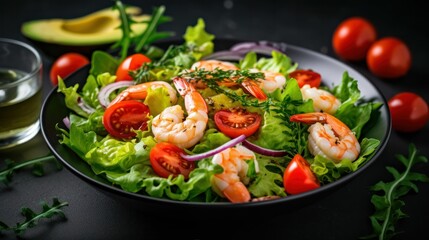 Fresh Avocado, shrimps salad with lettuce green mix, cherry tomatoes, herbs and olive oil, lemon dressing. healthy food concept. Generative AI