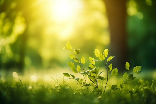 Defocused green trees in forest or park with wild grass and sun beams. Beautiful summer spring natural background © Thomas Holmes