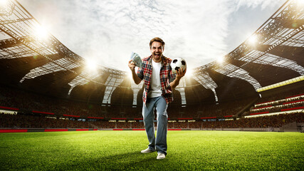 Happy and excited man shouting, holding money and football ball. Lucky man winning money on game betting. 3D arena render. Concept of sport, fan, betting and finances, gambling, bookmaker