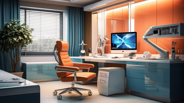 A dental office with a blue desk, medical stock images