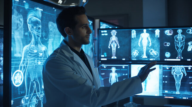 A young male doctor clicking on an image while other medical icons are displayed, medical stock images