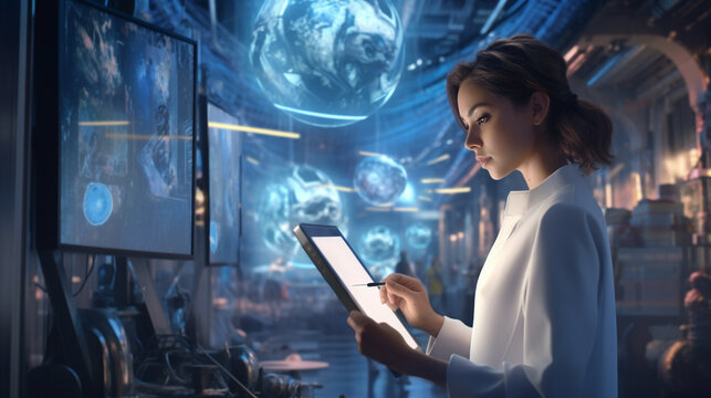 A woman in a lab coat is using a tablet near futuristic graphics, medical stock images