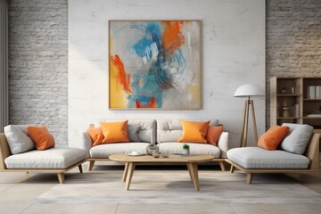 Interior living room empty wall with grey sofa. Generative AI
