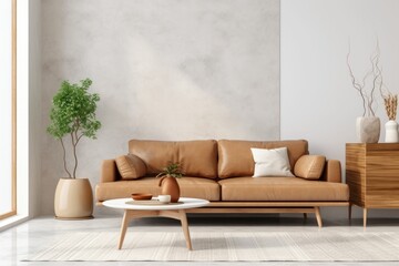 Interior living room empty wall with leather sofa and decor on light background. Generative AI