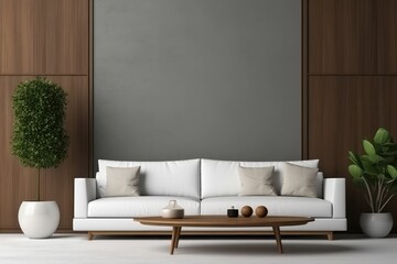 Fototapeta na wymiar Interior living room empty wall with white sofa and decor on dark background. Generative AI