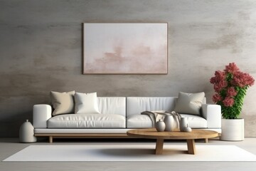 Interior living room empty wall with white sofa and decor on dark background. Generative AI