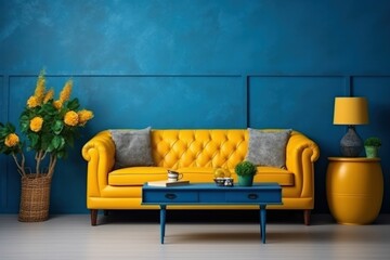 Interior living room empty wall with yellow sofa and decor on navy blue background. Generative AI