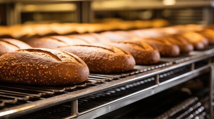 Loafs of rye bread in a bakery on an automated conveyor belt. Generative AI