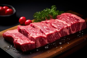 Fototapeta premium Kuromo Wagyu steak. Copy space. Top down view. Generative AI