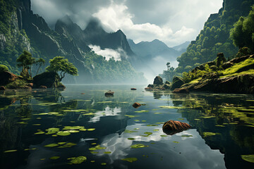 Misty lake embraces rainforests reflection, river rocks cast shadows peacefully  Generative AI - obrazy, fototapety, plakaty