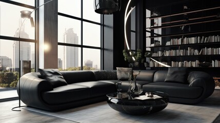 Modern black sofa in the living room light interior. Generative AI