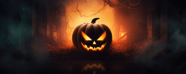 3D Haunted Pumpkin & Ghost Frame with Neon Glowing Eyes. Halloween art