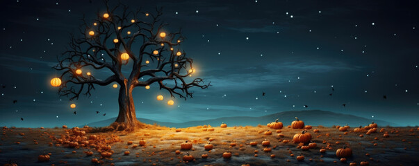 A night sky filled with stars and a crooked tree in the foreground illuminated with a variety of pumpkin carving tools. Halloween art